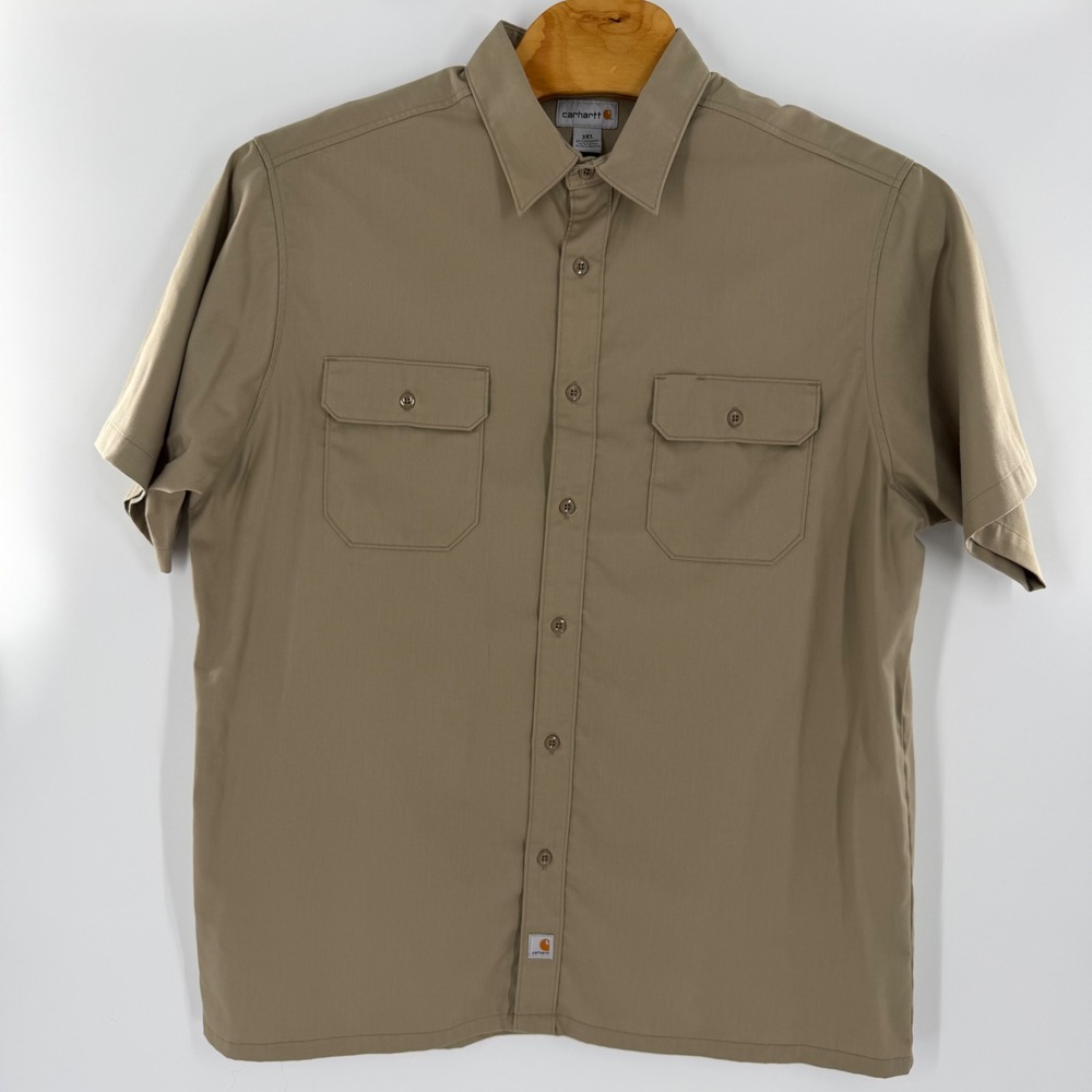 Carhartt Mens 2XL Short Sleeve Button Down Work Shirt Khaki Tan S223 KHI